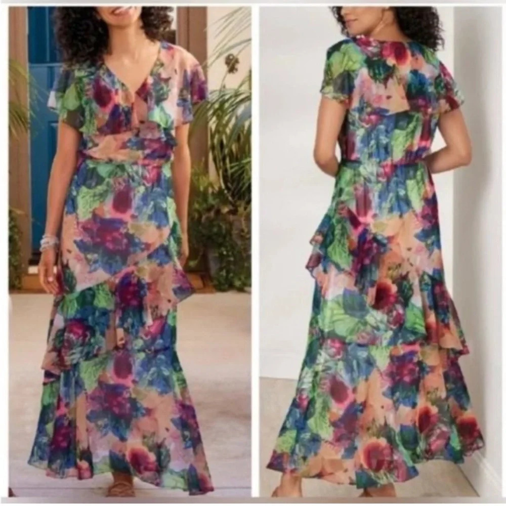 Soft Surroundings ambrosia floral print dress ruffle maxi 22488